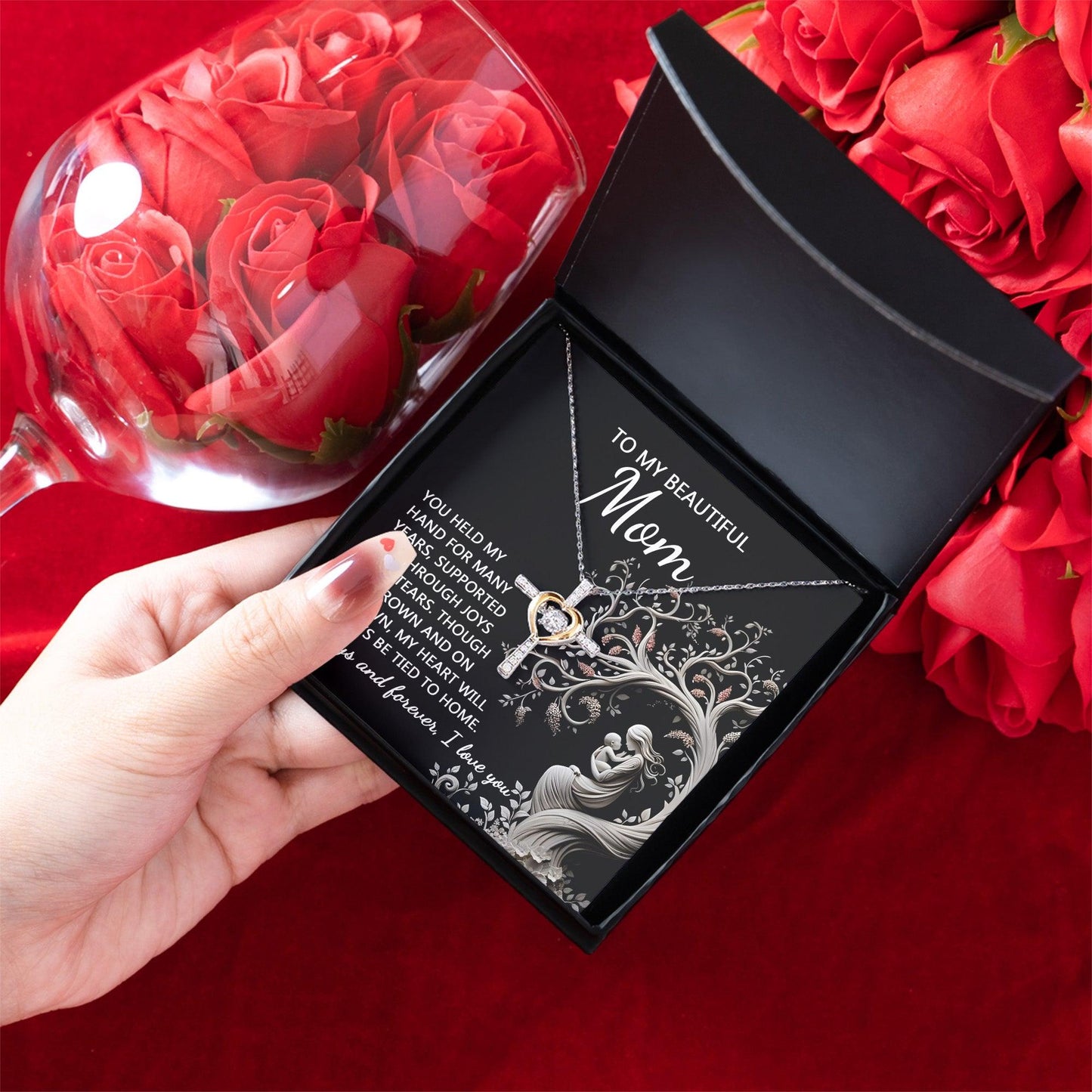 To My Beautiful Mom My Heart Will Always Be Tied to Home Cross Pendant Necklace - Mallard Moon Gift Shop