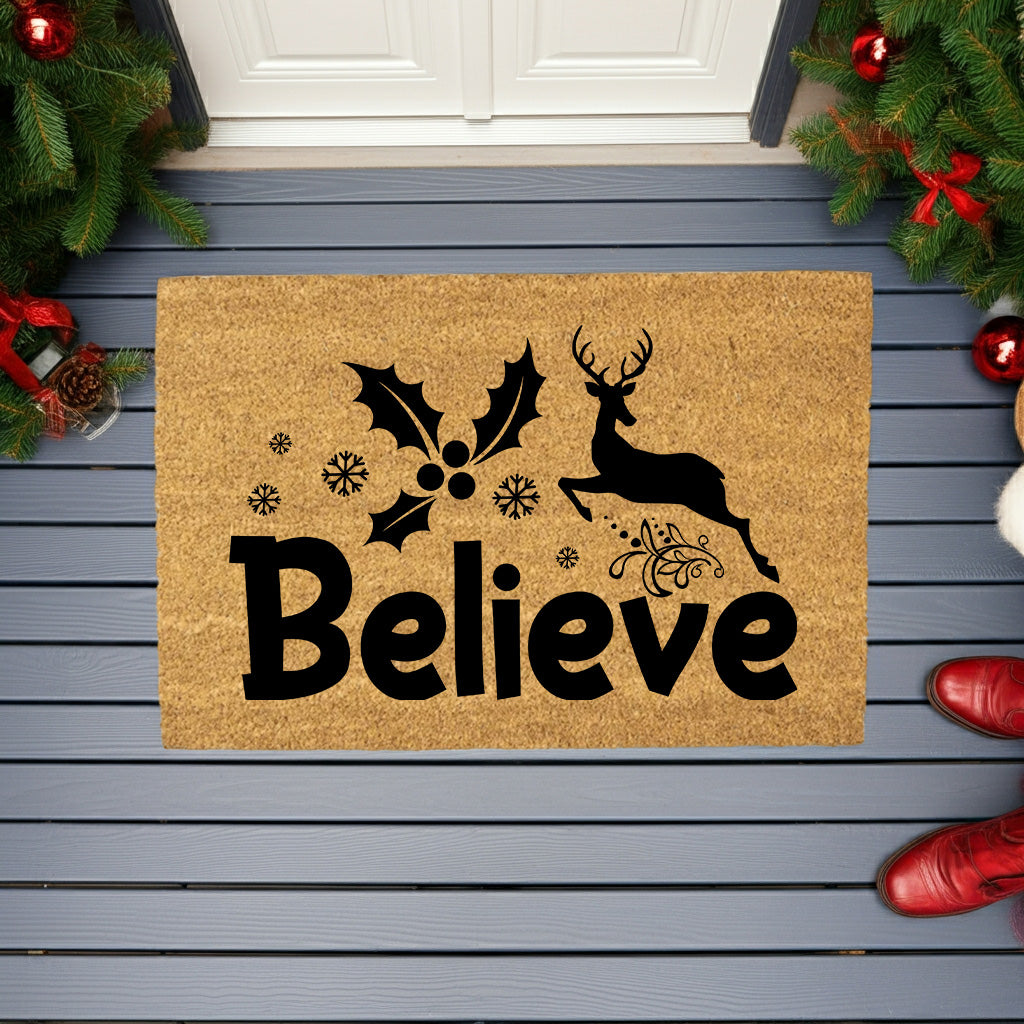Believe Reindeer & Holly Doormat – Christmas Outdoor Coir Mat Décor