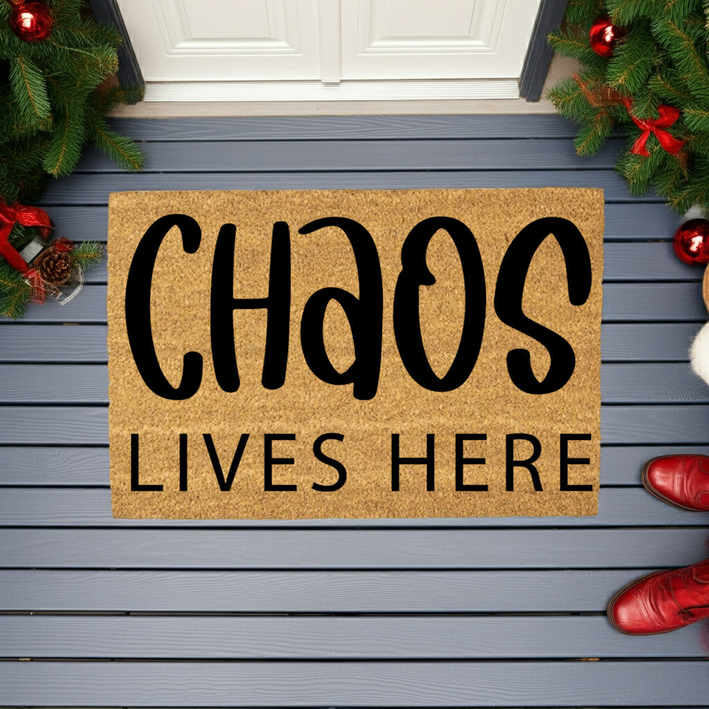 Chaos Lives Here Coir Doormat – Funny Family Welcome Mat | Rustic Farmhouse Front Porch Decor | Everyday Entryway Rug - Mallard Moon