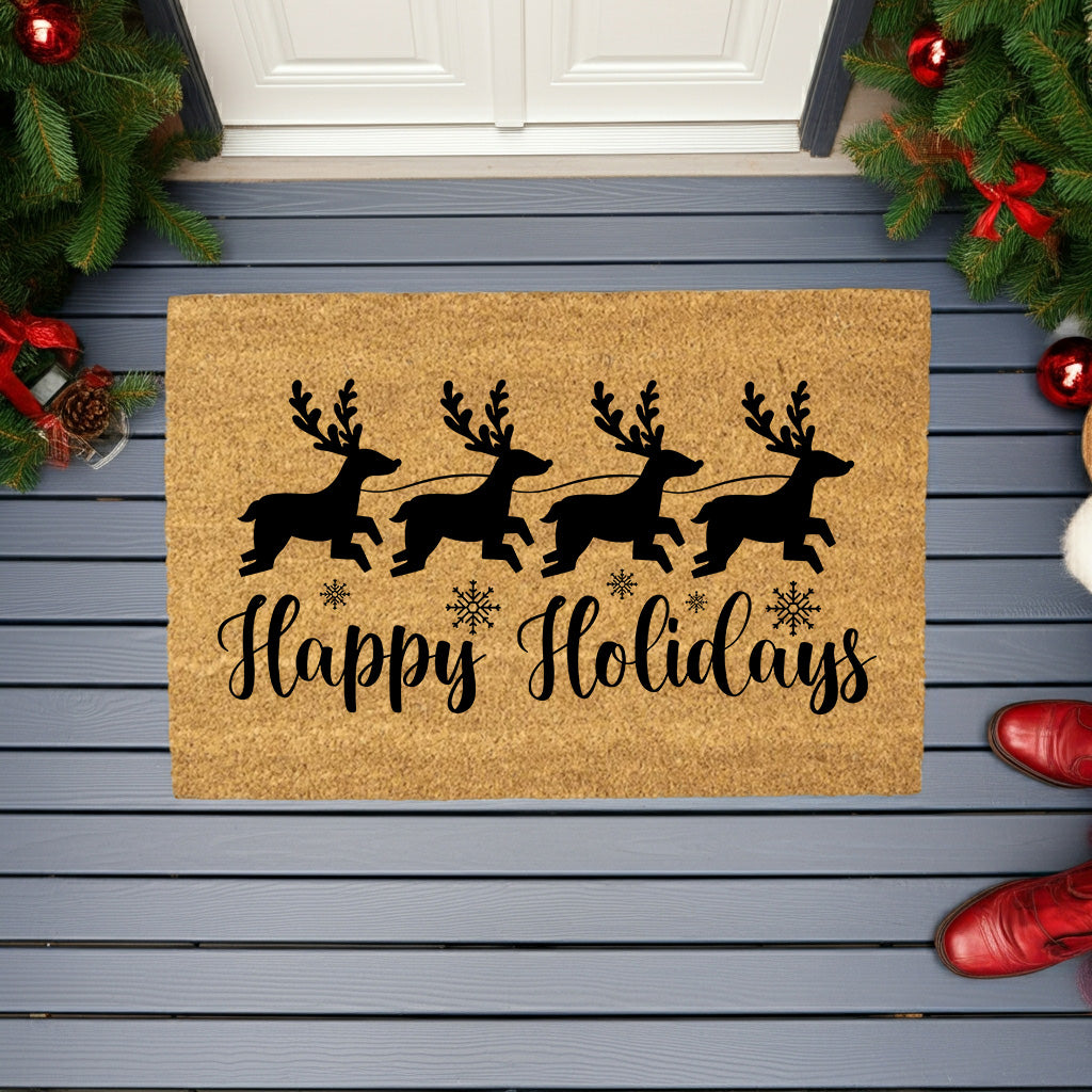 Happy Holidays Reindeer Doormat – Christmas Outdoor Coir Mat Décor