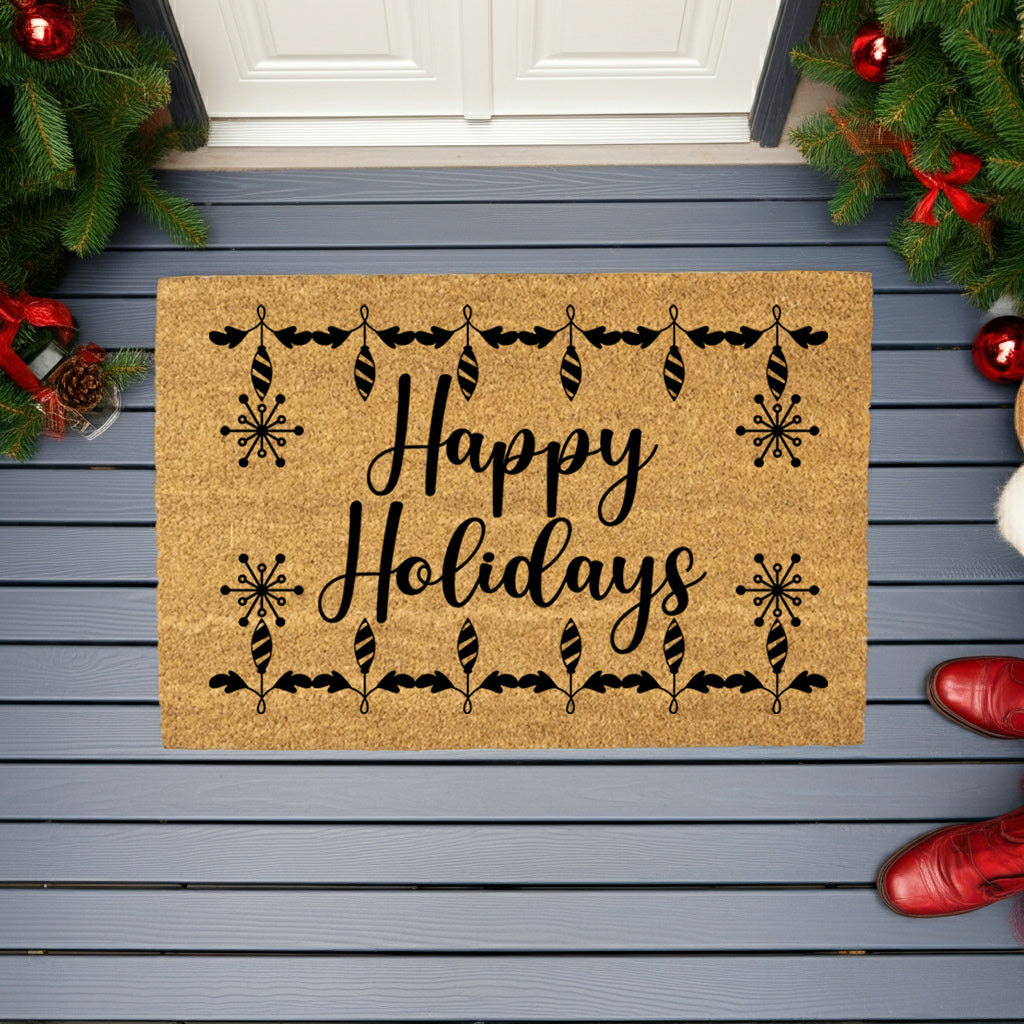 Happy Holidays Christmas Doormat | Festive Coir Welcome Mat with Ornaments & Snowflakes | Holiday Front Porch Décor Gift