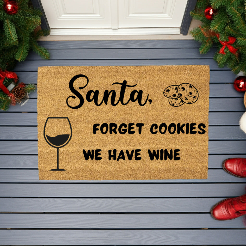 Santa Forget Cookies We Have Wine Funny Christmas Doormat – Holiday Front Porch Welcome Mat, Rustic Coir Entry Rug for Wine Lovers