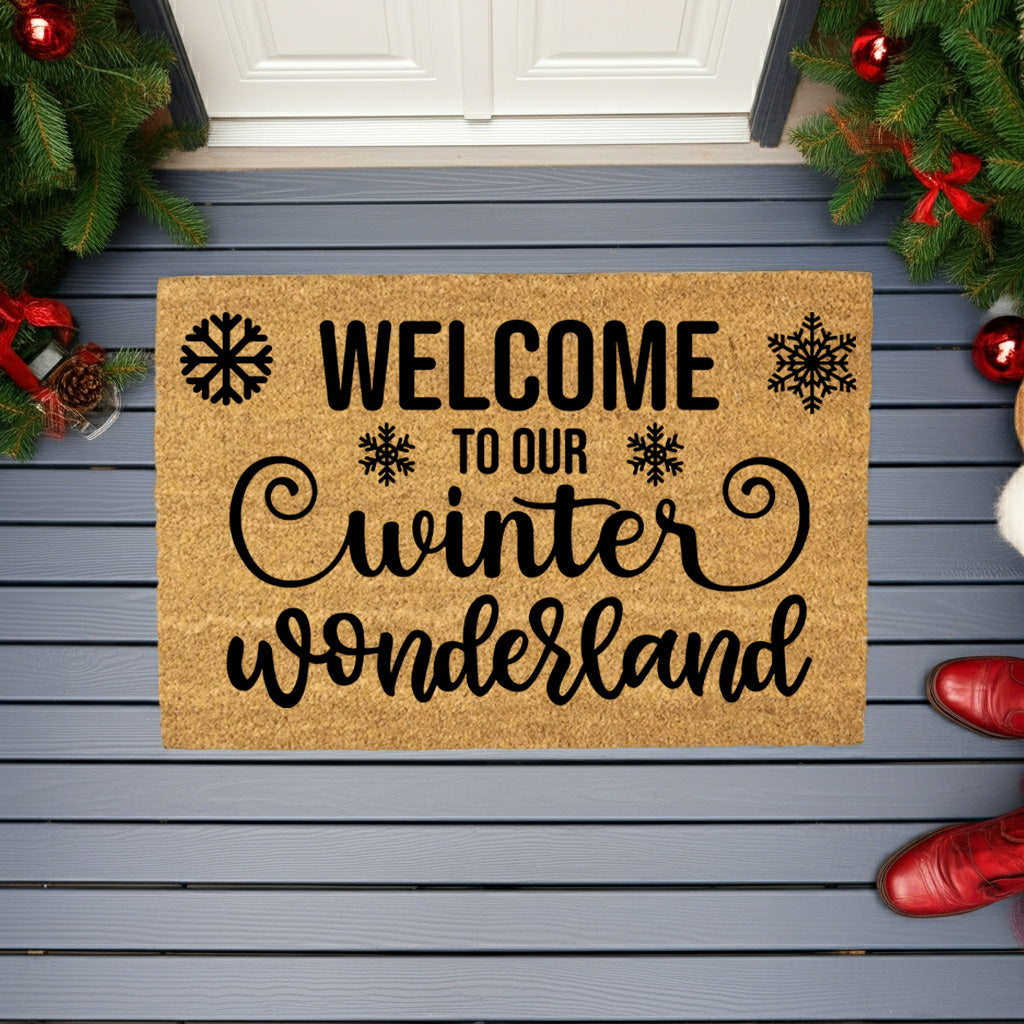 Welcome to Our Winter Wonderland Doormat | Rustic Snowflake Holiday Welcome Mat | Farmhouse Winter Porch Décor