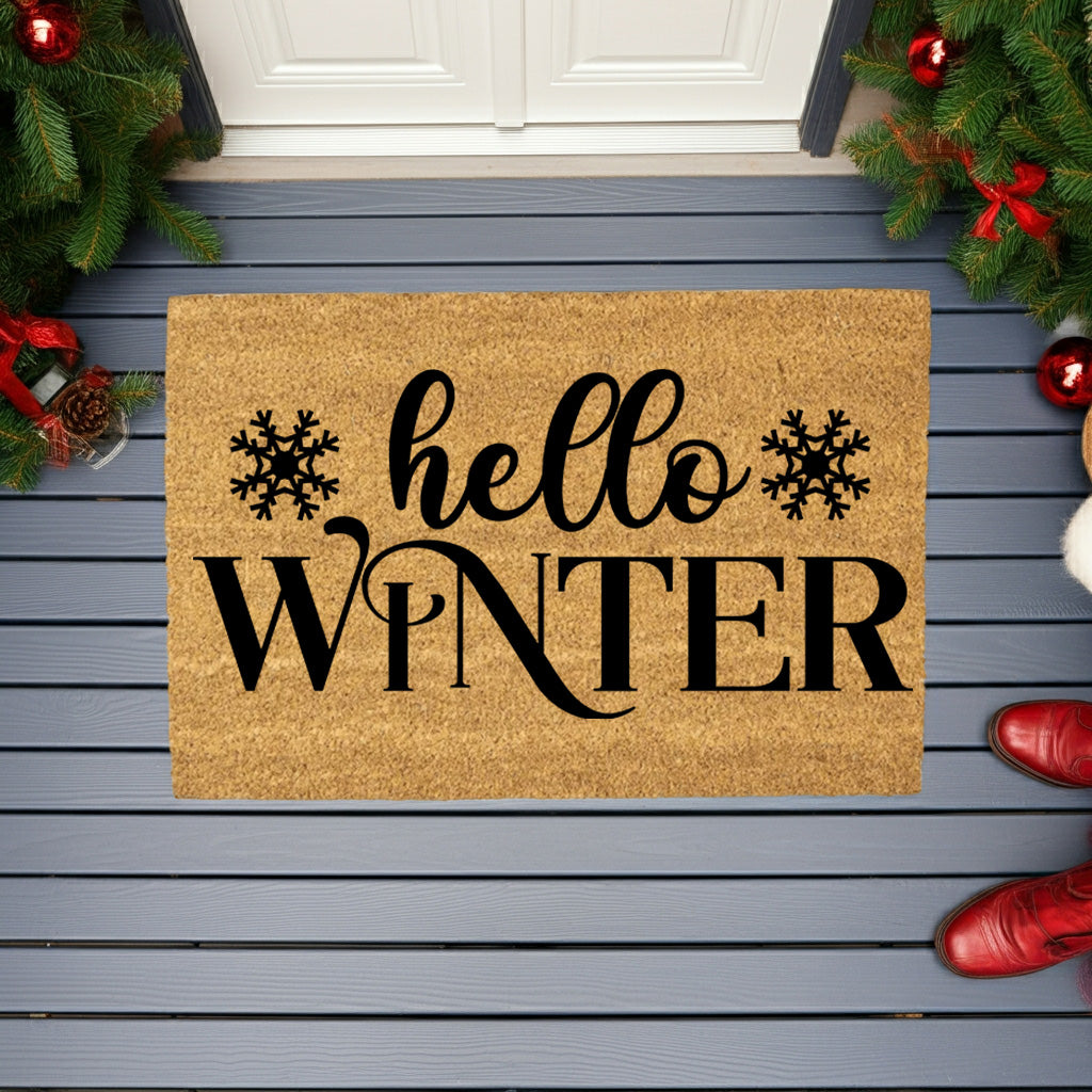 Hello Winter Coir Doormat – Snowflake Welcome Mat | Cozy Farmhouse Front Porch Décor | Rustic Holiday Entryway Rug - Mallard Moon