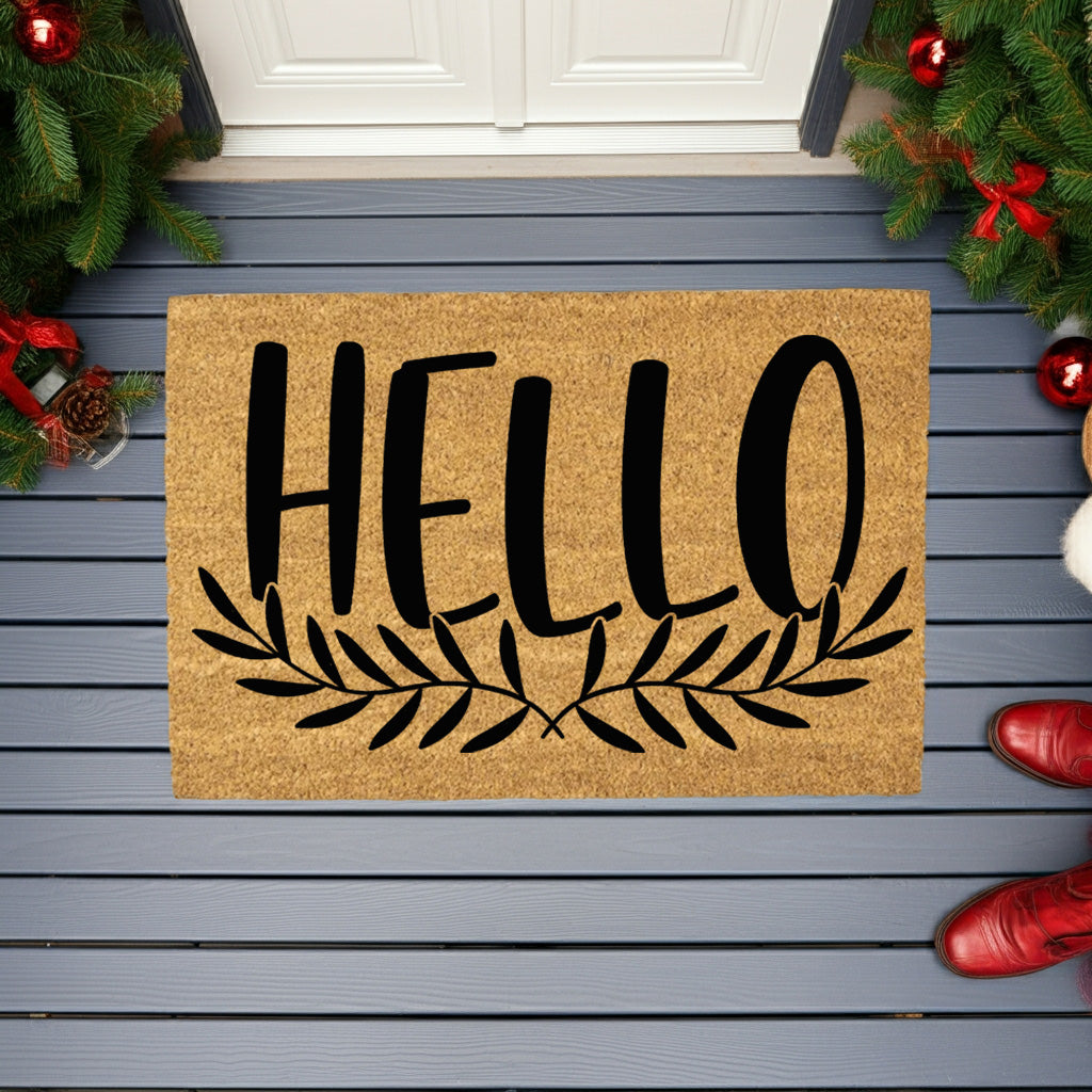 Hello Coir Doormat with Leaf Design – Simple Welcome Mat | Modern Farmhouse Front Porch Decor | Everyday Entryway Rug - Mallard Moon