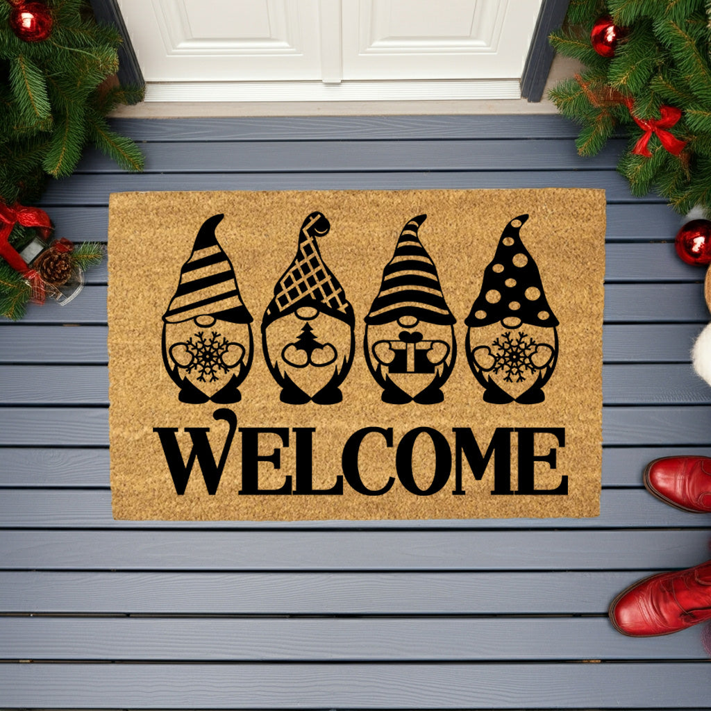 Christmas Gnome “Welcome” Doormat | Festive Holiday Coir Mat with Winter Gnomes | Cute Scandinavian Front Porch Décor - Mallard Moon