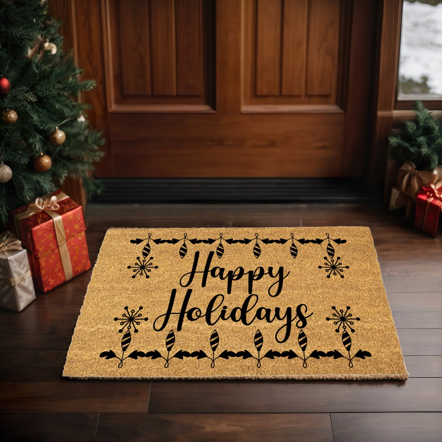 Happy Holidays Christmas Doormat | Festive Coir Welcome Mat with Ornaments & Snowflakes | Holiday Front Porch Décor Gift