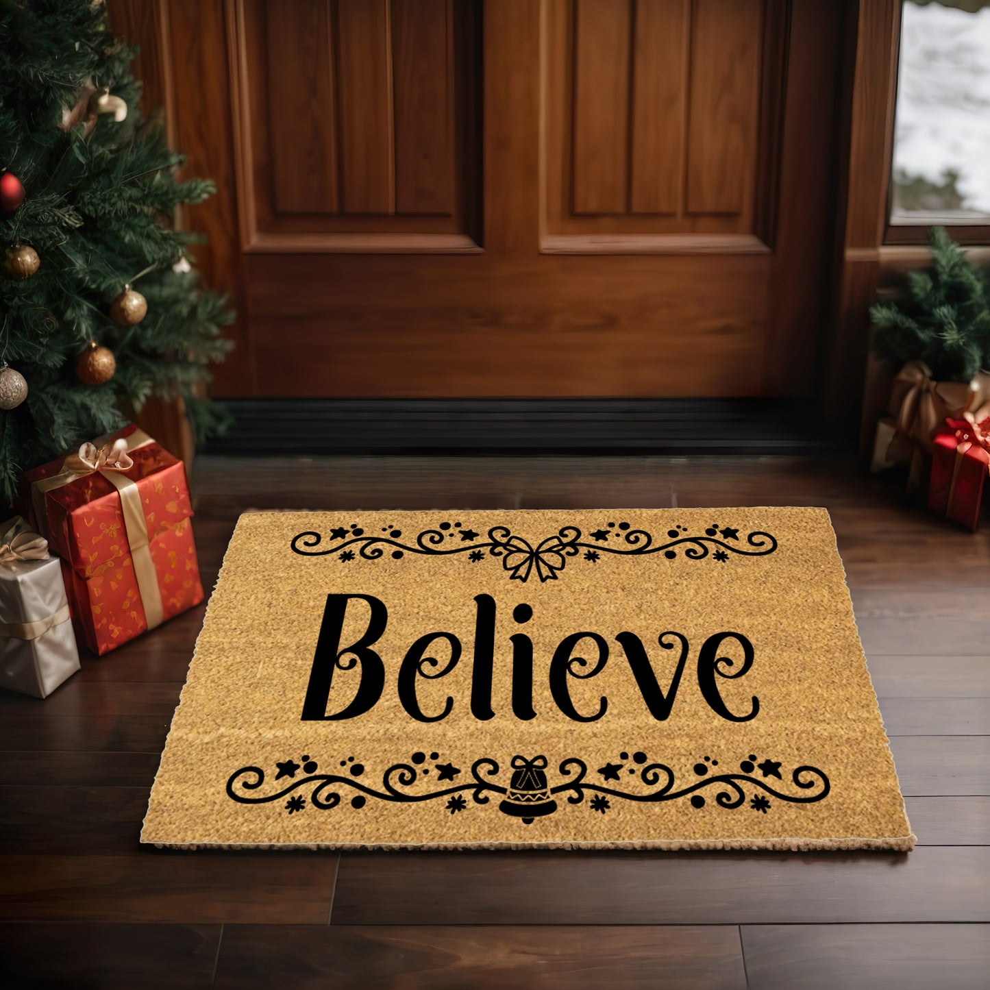 Believe in Christmas Doormat | Elegant Holiday Coir Welcome Mat with Bow & Bell Design | Festive Front Porch Décor Gift