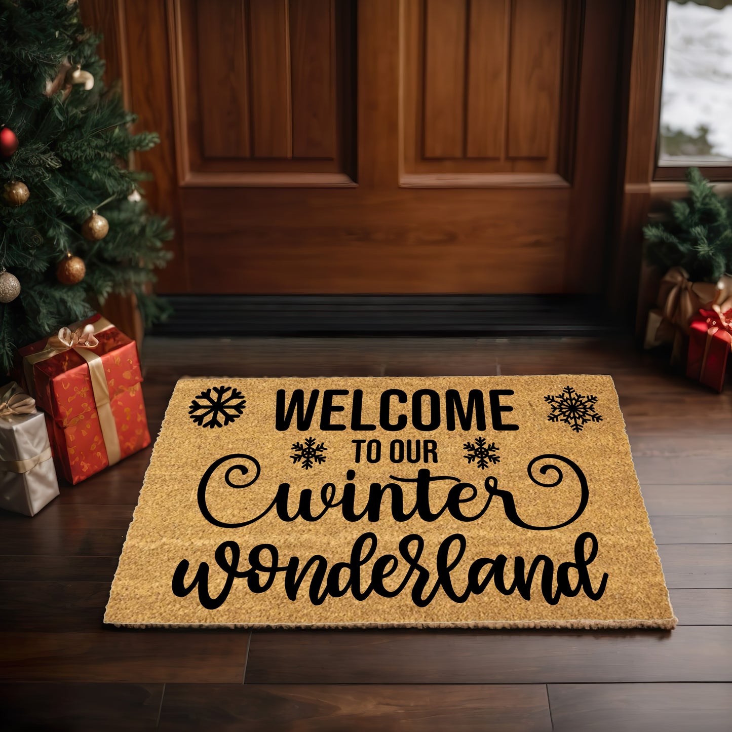 Welcome to Our Winter Wonderland Doormat | Rustic Snowflake Holiday Welcome Mat | Farmhouse Winter Porch Décor