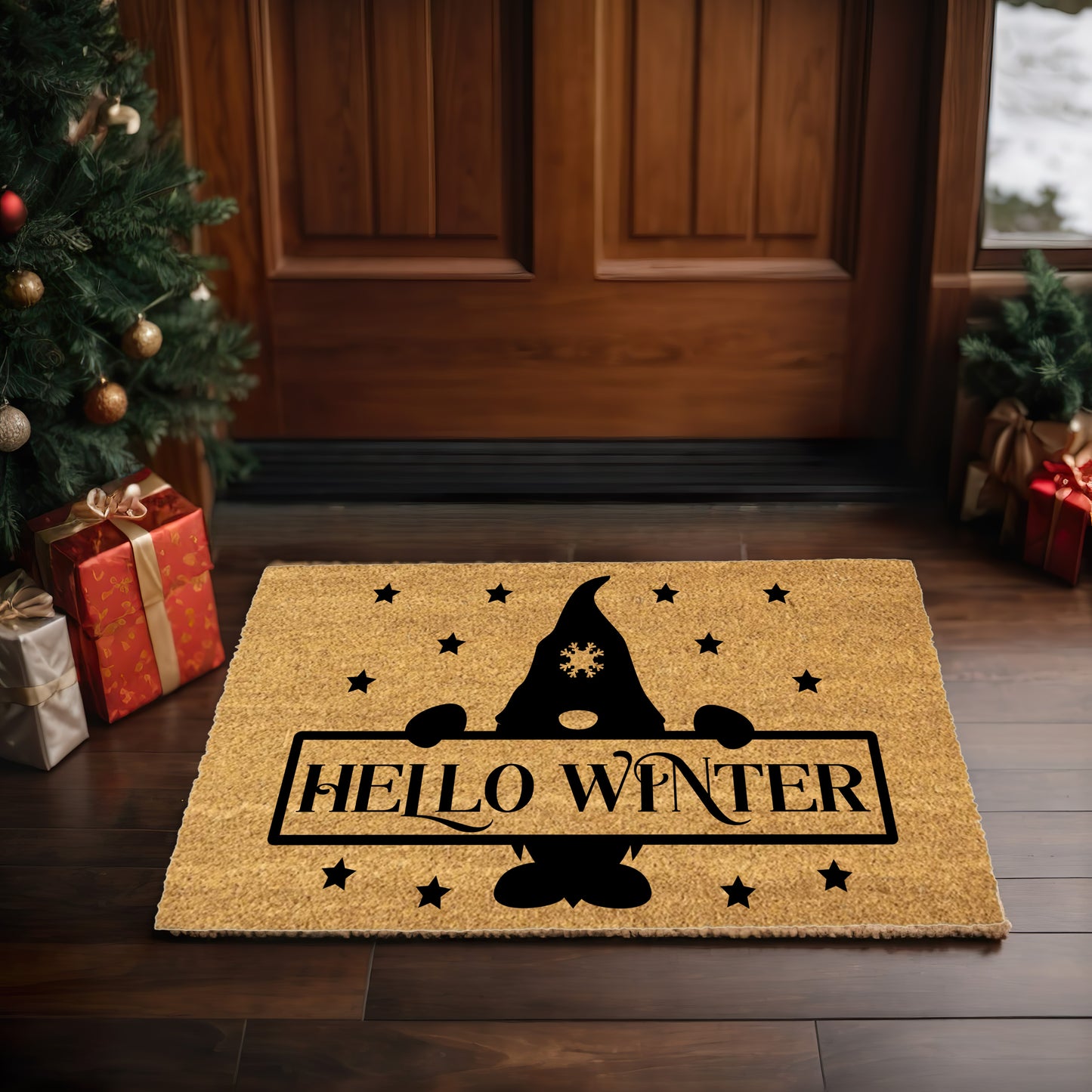 Hello Winter Gnome Doormat – Festive Coir Welcome Mat | Cute Scandinavian Holiday Porch Décor | Rustic Winter Entryway Rug - Mallard Moon
