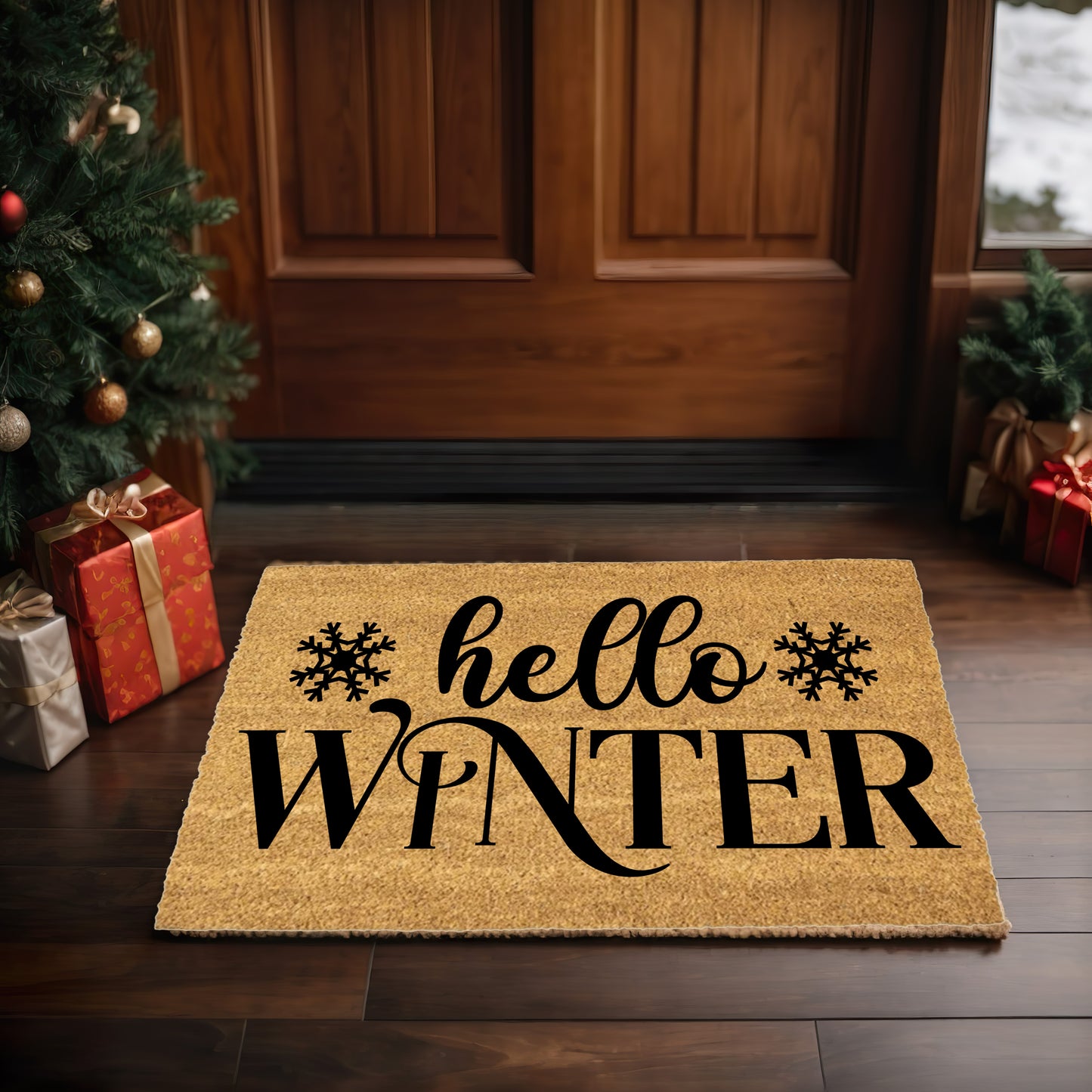 Hello Winter Coir Doormat – Snowflake Welcome Mat | Cozy Farmhouse Front Porch Décor | Rustic Holiday Entryway Rug - Mallard Moon