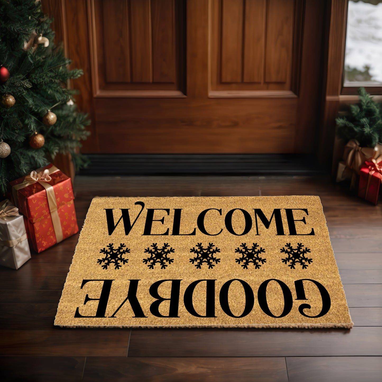 “Welcome / Goodbye” Snowflake Doormat | Double-Sided Winter Coir Welcome Mat | Funny Holiday Front Porch Décor - Mallard Moon