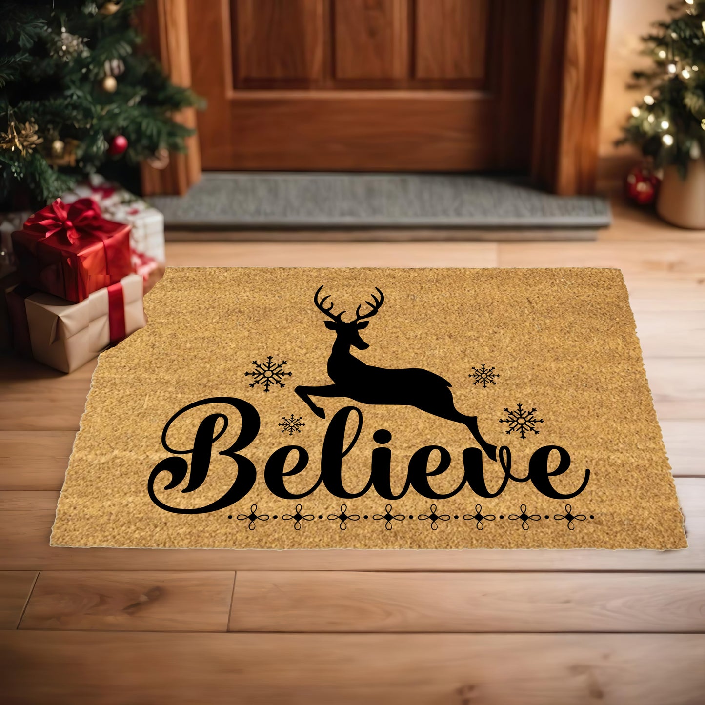 Believe Reindeer Doormat – Christmas Outdoor Coir Mat Holiday Décor