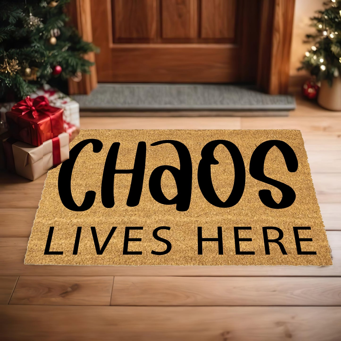 Chaos Lives Here Coir Doormat – Funny Family Welcome Mat | Rustic Farmhouse Front Porch Decor | Everyday Entryway Rug - Mallard Moon