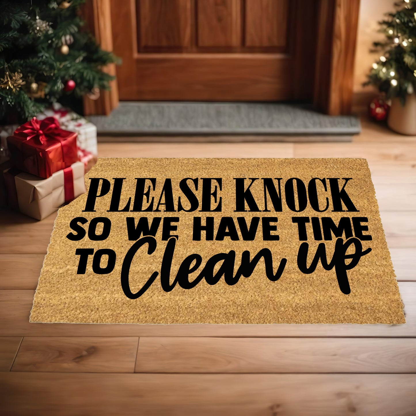 Funny “Please Knock So We Have Time to Clean Up” Doormat | Relatable Coir Welcome Mat for Families | Real-Life Humor Front Porch Décor - Mallard Moon