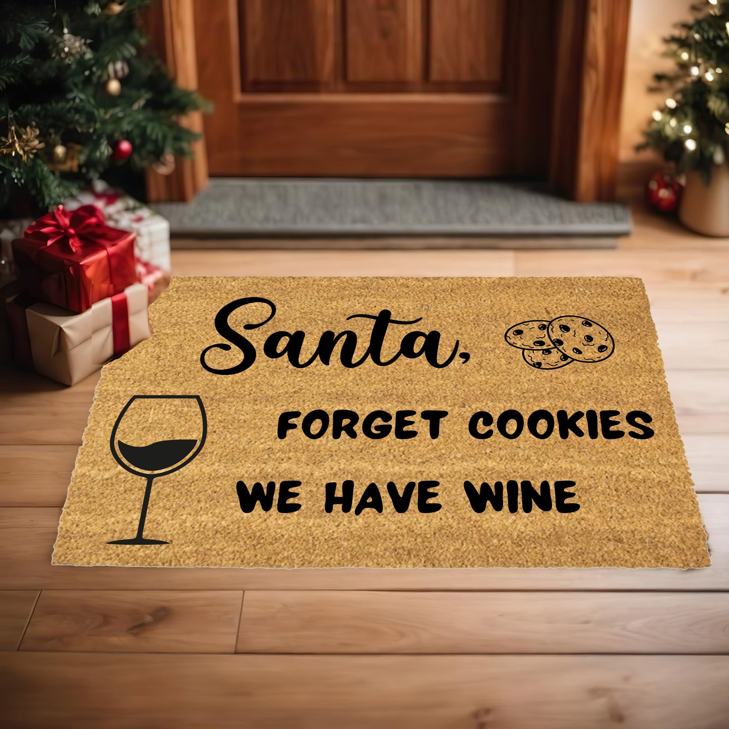 Santa Forget Cookies We Have Wine Funny Christmas Doormat – Holiday Front Porch Welcome Mat, Rustic Coir Entry Rug for Wine Lovers