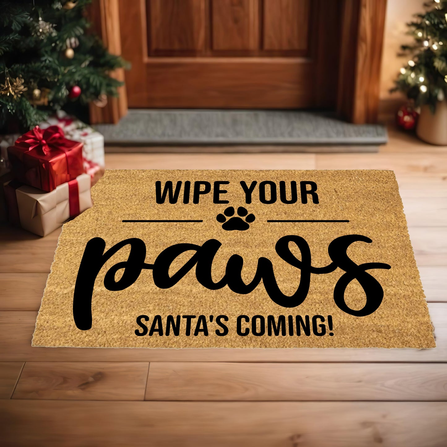 Wipe Your Paws – Santa’s Coming! Christmas Doormat | Funny Pet Holiday Welcome Mat | Rustic Farmhouse Dog Lover Porch Décor