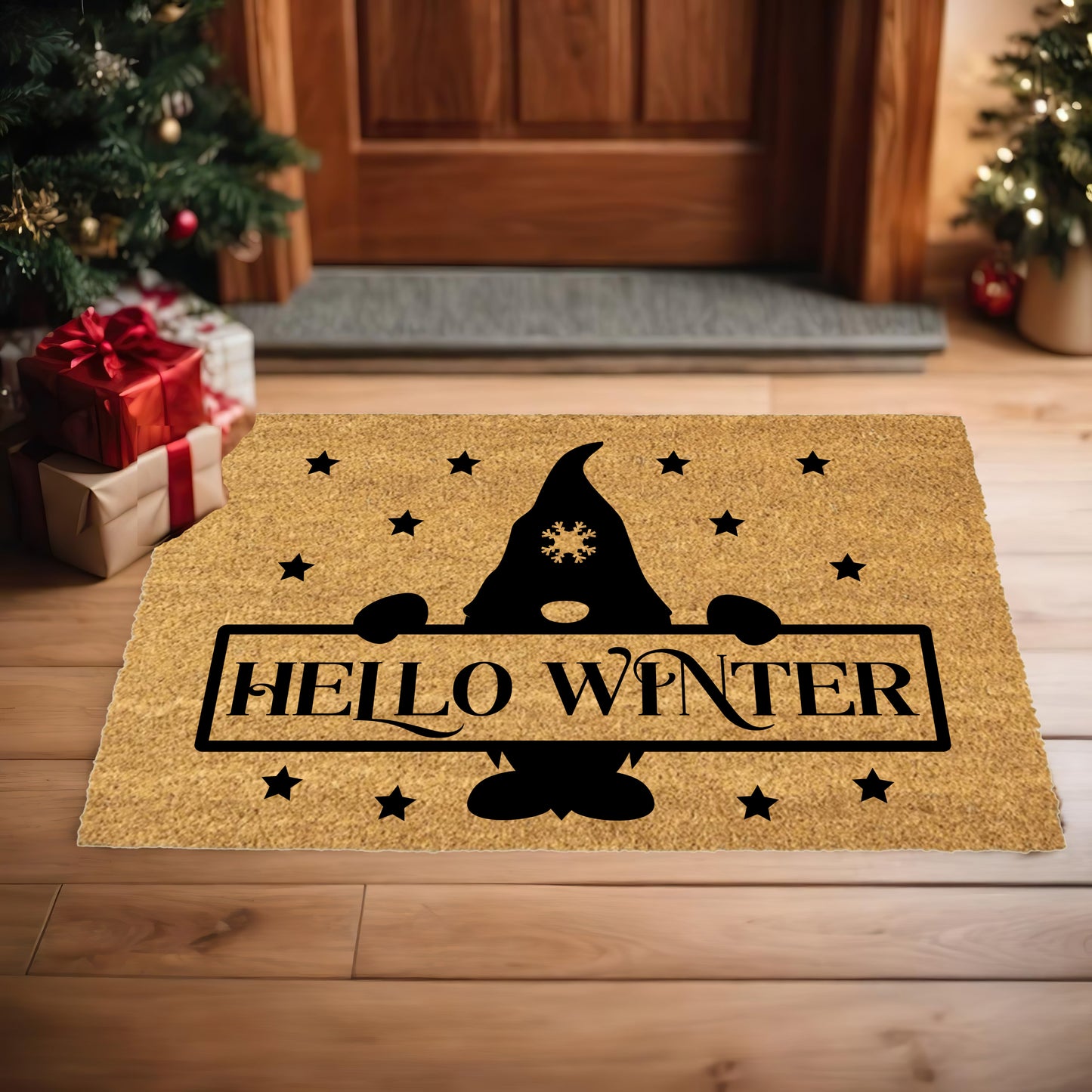 Hello Winter Gnome Doormat – Festive Coir Welcome Mat | Cute Scandinavian Holiday Porch Décor | Rustic Winter Entryway Rug - Mallard Moon