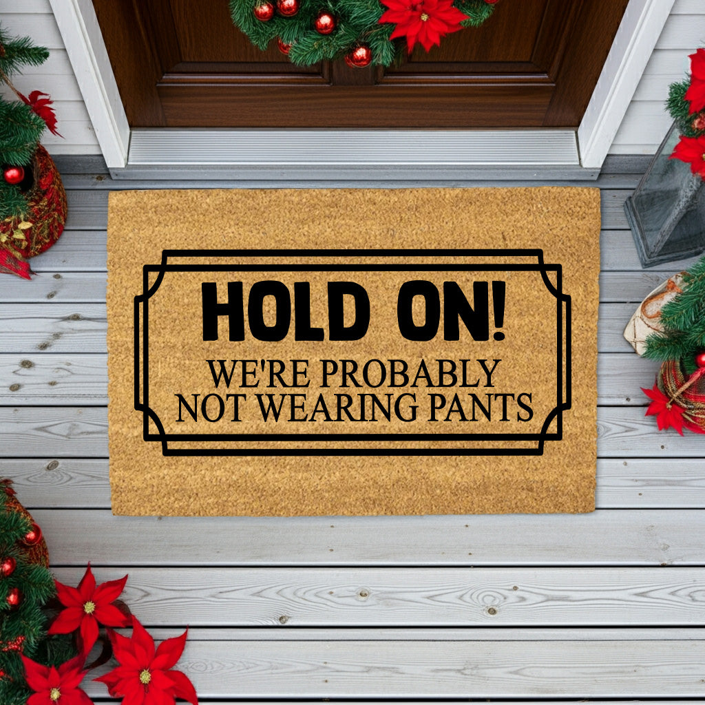 Funny “Hold On! We’re Probably Not Wearing Pants” Coir Doormat – Hilarious Welcome Mat | Humor Front Porch Decor | Gag Gift for Friends & Couples - Mallard Moon