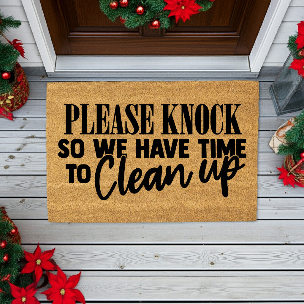 Funny “Please Knock So We Have Time to Clean Up” Doormat | Relatable Coir Welcome Mat for Families | Real-Life Humor Front Porch Décor - Mallard Moon