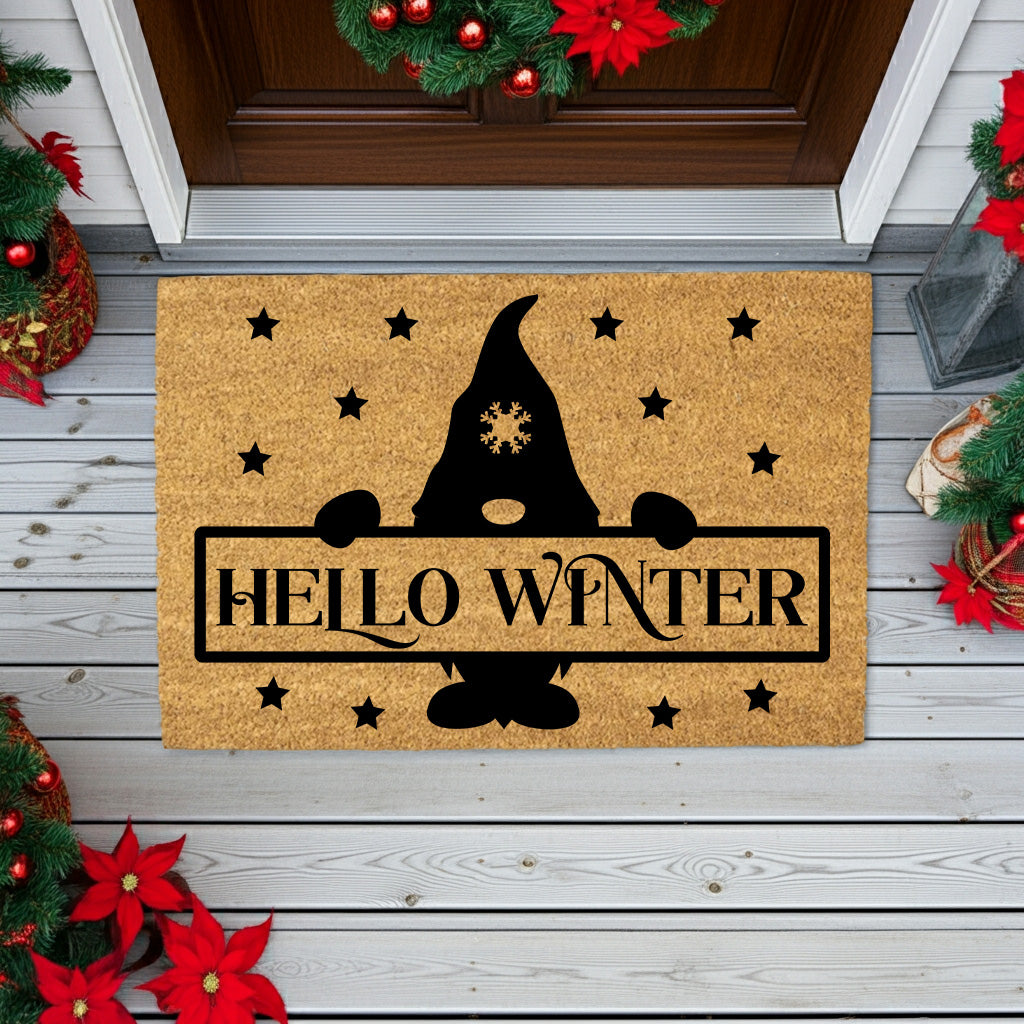Hello Winter Gnome Doormat – Festive Coir Welcome Mat | Cute Scandinavian Holiday Porch Décor | Rustic Winter Entryway Rug - Mallard Moon