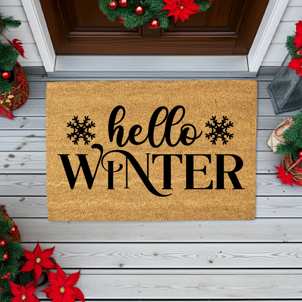Hello Winter Coir Doormat – Snowflake Welcome Mat | Cozy Farmhouse Front Porch Décor | Rustic Holiday Entryway Rug - Mallard Moon