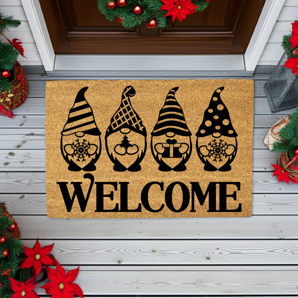 Christmas Gnome “Welcome” Doormat | Festive Holiday Coir Mat with Winter Gnomes | Cute Scandinavian Front Porch Décor - Mallard Moon