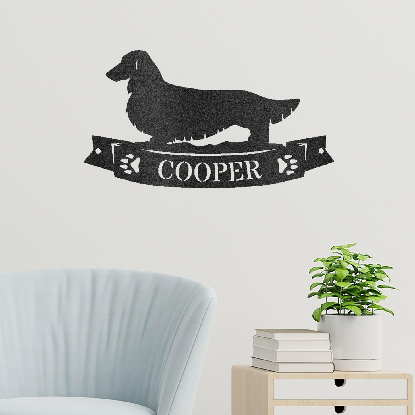 Dachshund Long Haired Banner Custom Name Metal Art Wall Sign - Mallard Moon Gift Shop