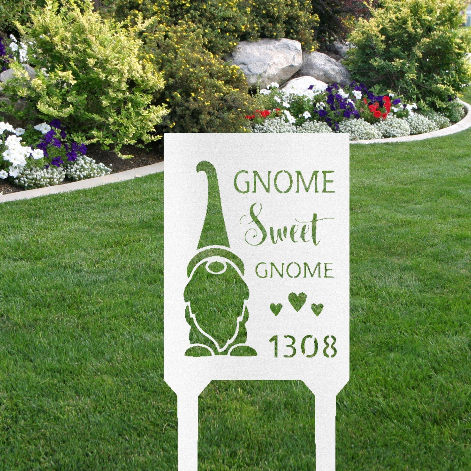 Gnome Sweet Home Custom Address Garden Lawn Steel Stake - Mallard Moon Gift Shop