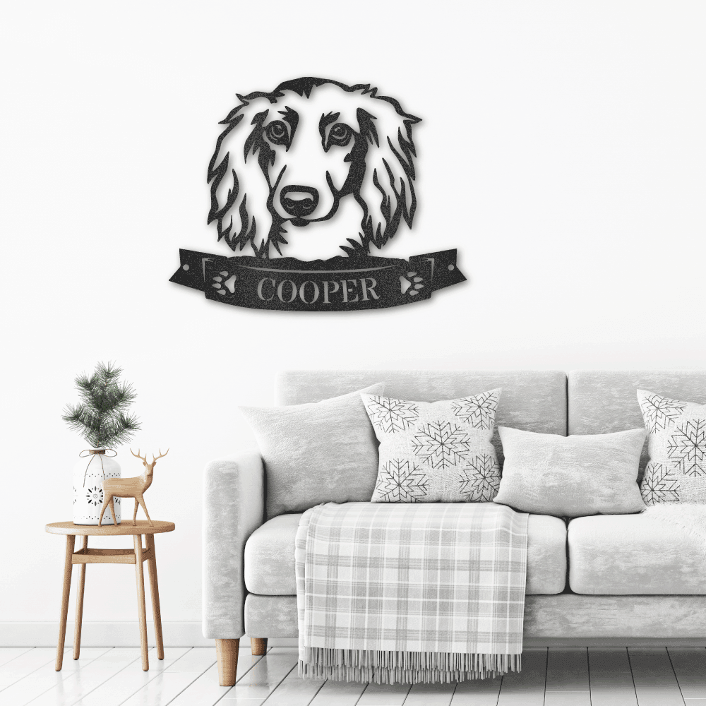 Dachshund Face Long-haired Custom Name Metal Art Wall Sign - Mallard Moon Gift Shop