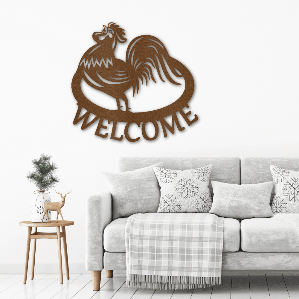 Welcome Rooster Indoor Outdoor Steel Wall Sign - Mallard Moon Gift Shop