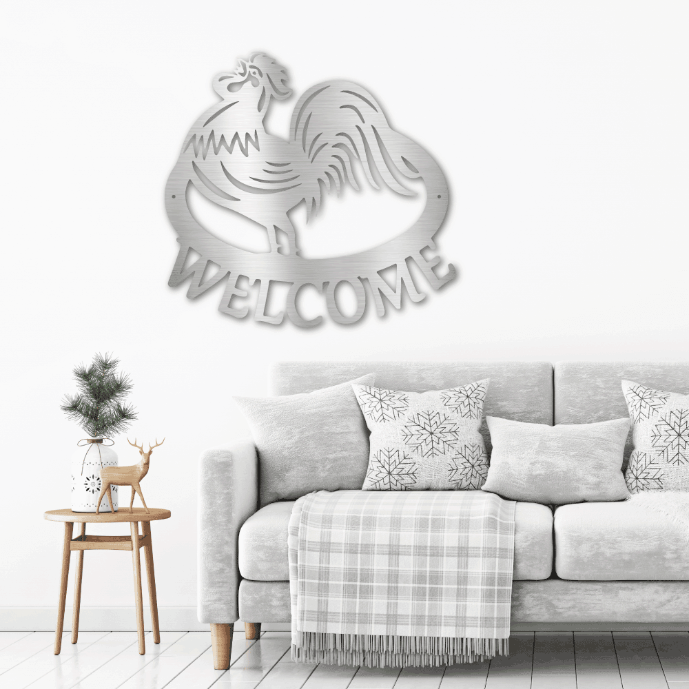 Welcome Rooster Indoor Outdoor Steel Wall Sign - Mallard Moon Gift Shop