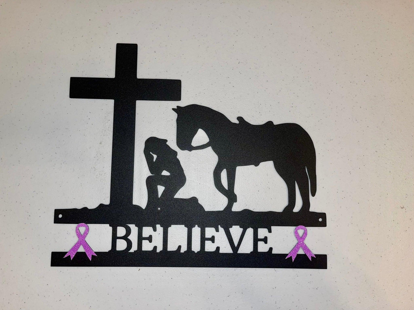Cancer Ribbon Believe Cowgirl Kneeling at Cross Metal Art - Mallard Moon Gift Shop