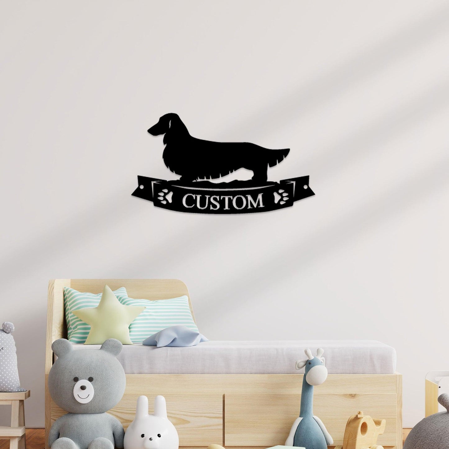Dachshund Long Haired Banner Custom Name Metal Art Wall Sign - Mallard Moon Gift Shop