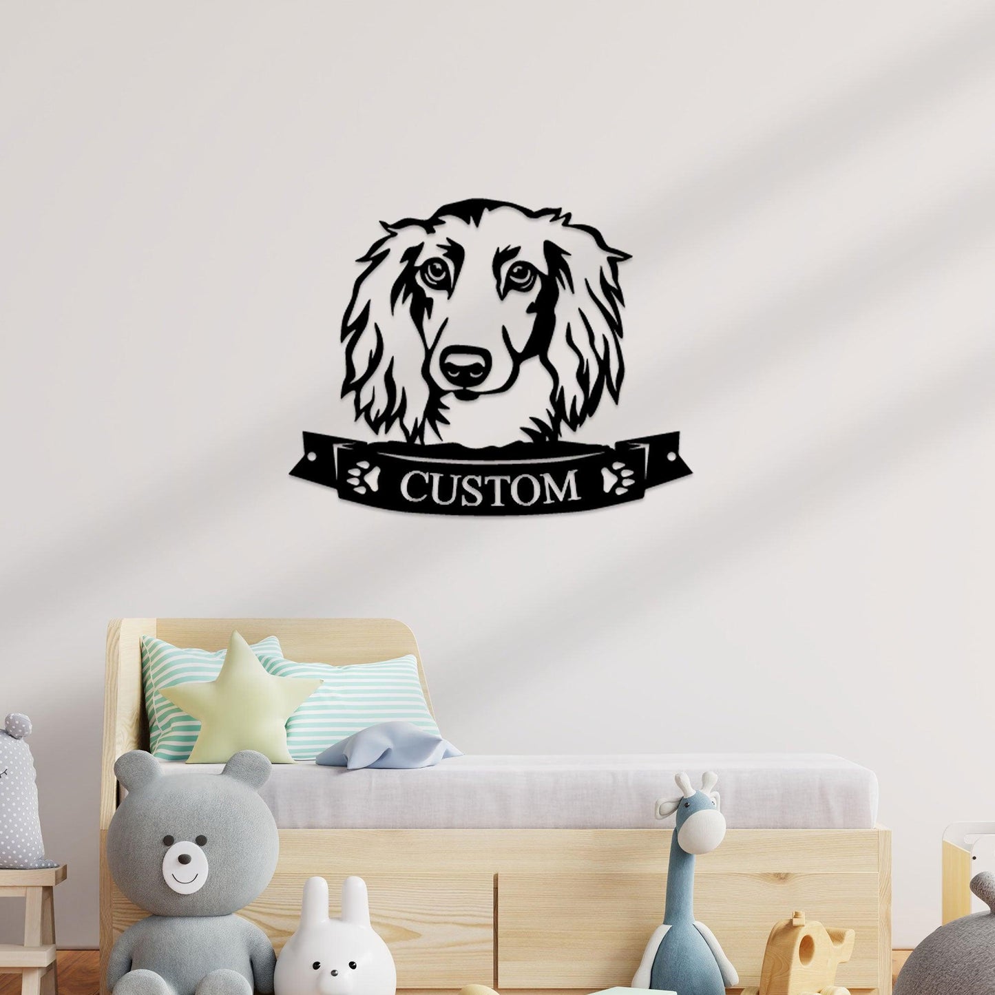 Dachshund Face Long-haired Custom Name Metal Art Wall Sign - Mallard Moon Gift Shop