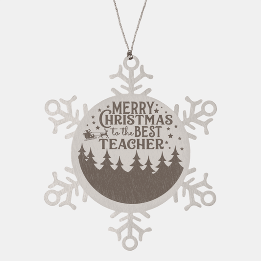 Teacher Gift, Merry Christmas to the Best Teacher, Snowflake Laser Engraved Steel Christmas Ornament, Funny Sarcastic Gifts, Novelty Gifts for Men, Women, Coworkers, Keepsake Teacher Ornament