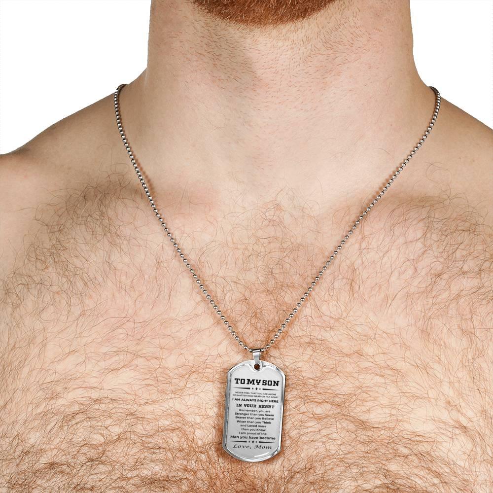 Gift for Adult Son from Mom Personalized Military Dog Tag Style Pendant Necklace with Engraved Back - Mallard Moon Gift Shop