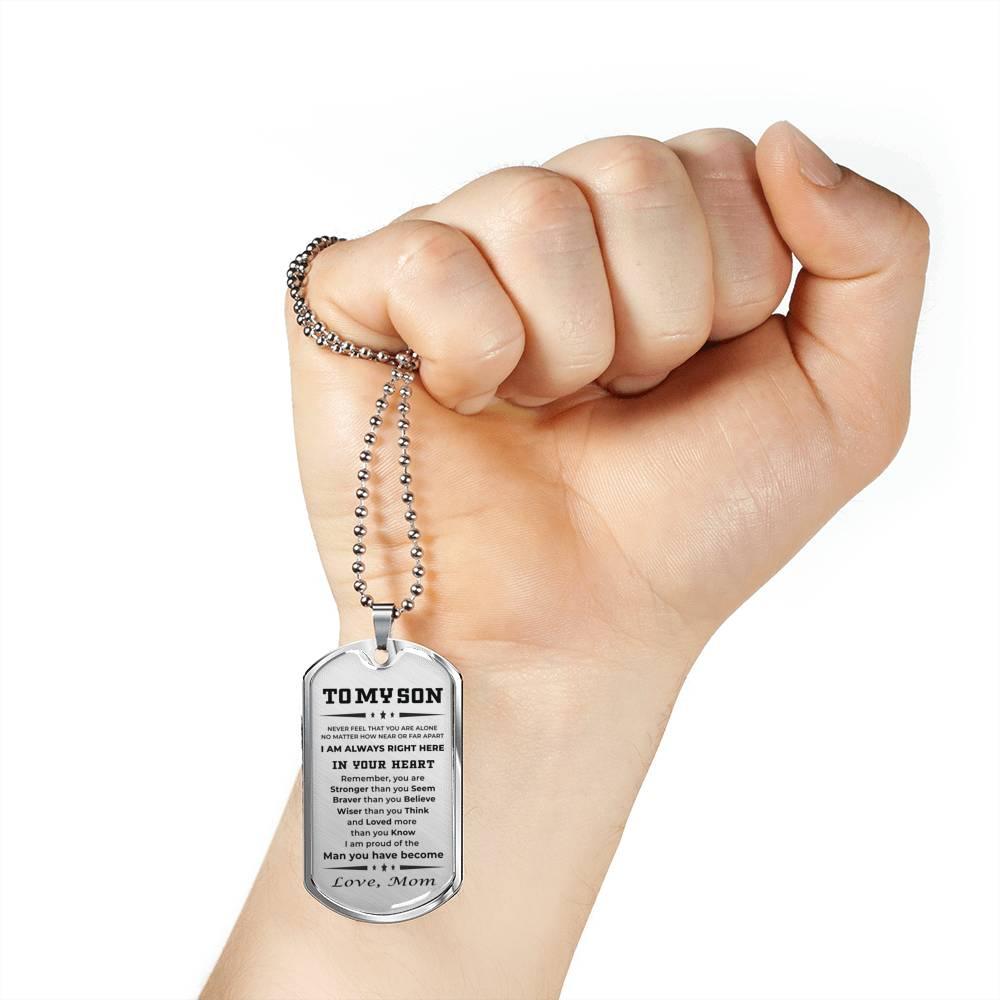 Gift for Adult Son from Mom Personalized Military Dog Tag Style Pendant Necklace with Engraved Back - Mallard Moon Gift Shop