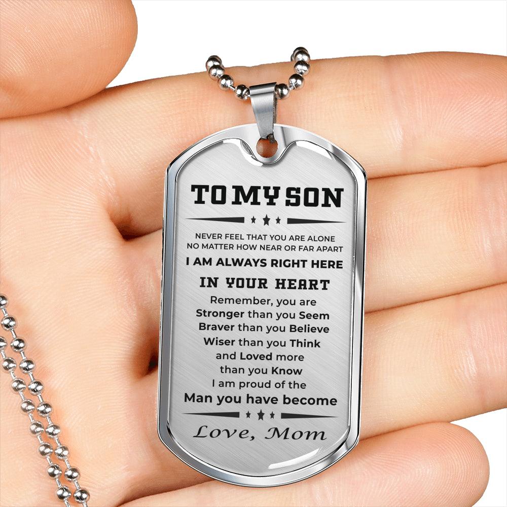 Gift for Adult Son from Mom Personalized Military Dog Tag Style Pendant Necklace with Engraved Back - Mallard Moon Gift Shop