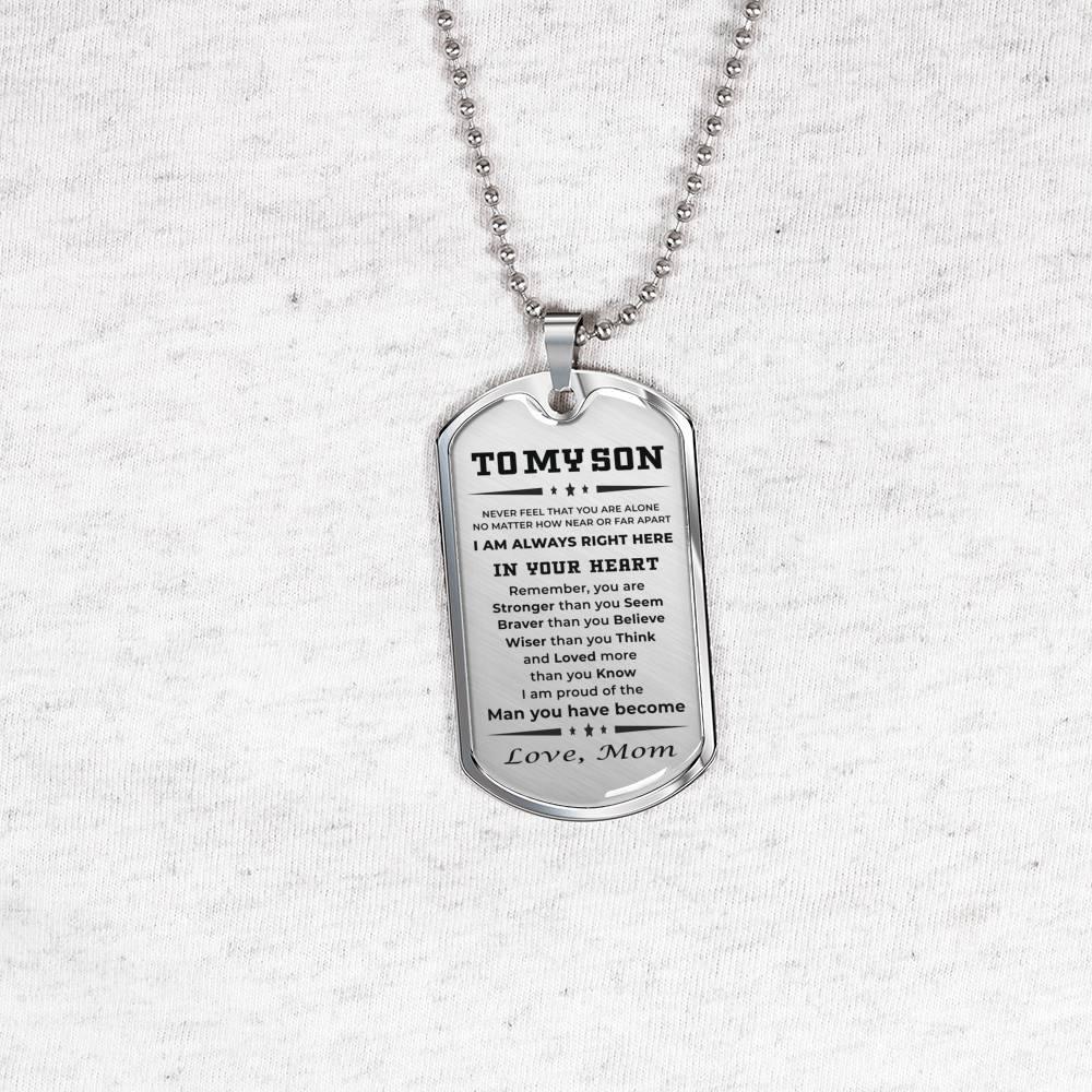 Gift for Adult Son from Mom Personalized Military Dog Tag Style Pendant Necklace with Engraved Back - Mallard Moon Gift Shop