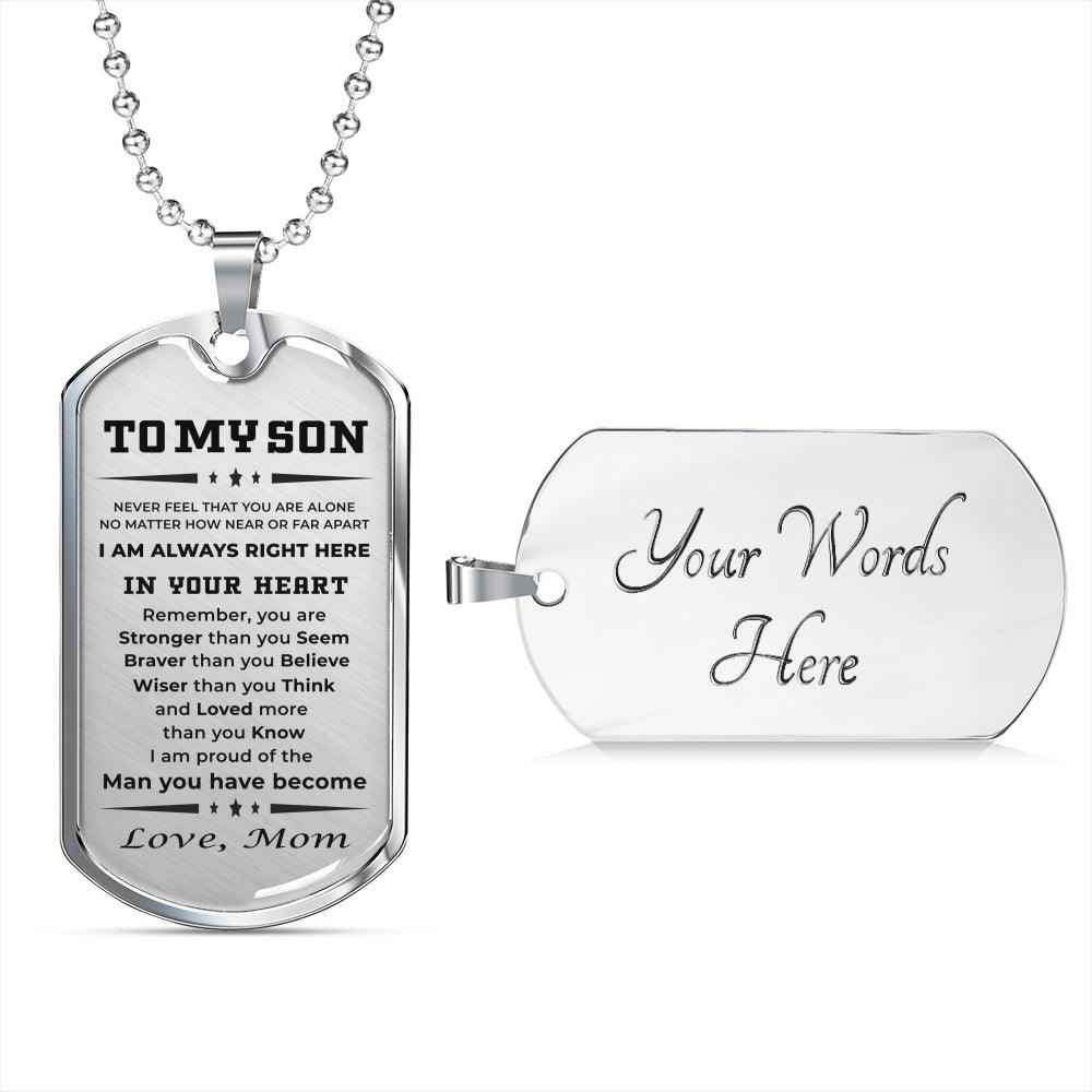 Gift for Adult Son from Mom Personalized Military Dog Tag Style Pendant Necklace with Engraved Back - Mallard Moon Gift Shop