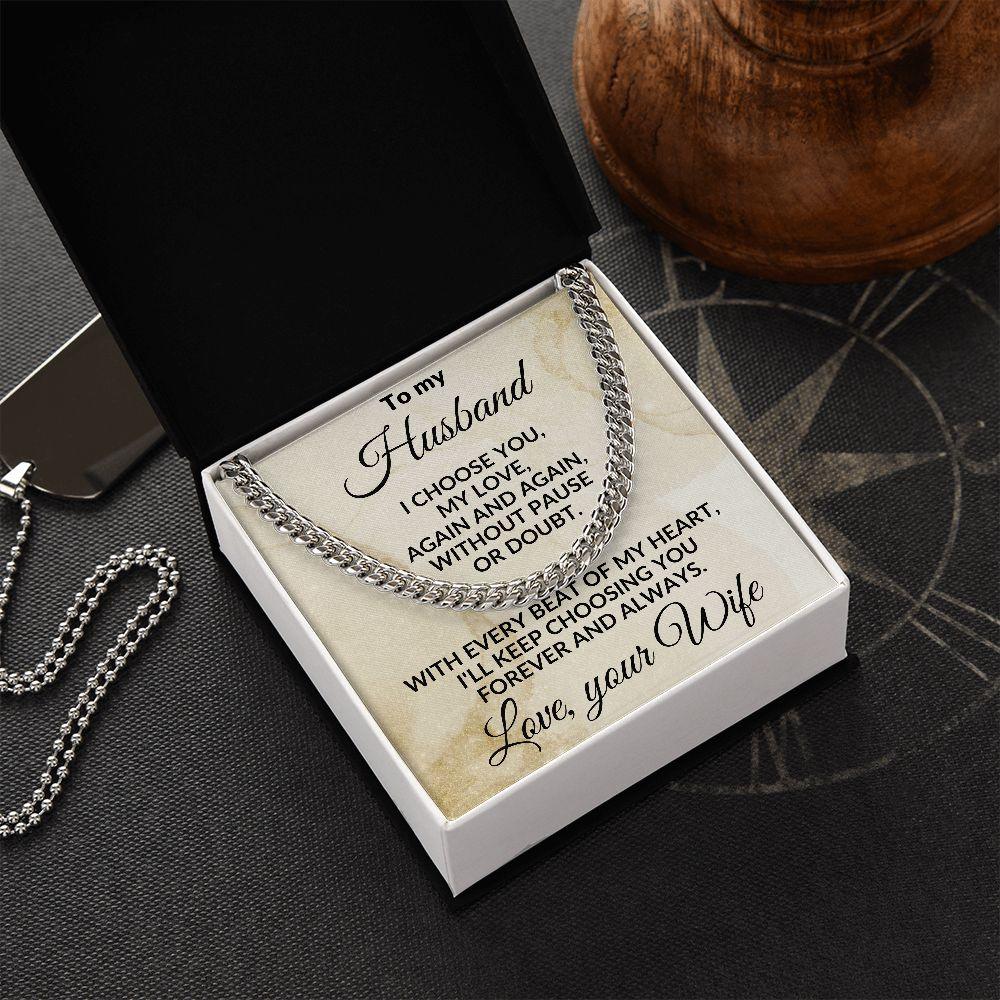 To My Husband - Beat of My Heart - Cuban Chain Necklace with Message Card and Gift Box - Mallard Moon Gift Shop