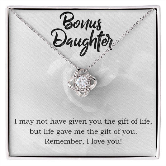 Gift for Bonus Daughter - Gift of Life - Love Knot Necklace Message Card Gift Box - Mallard Moon Gift Shop