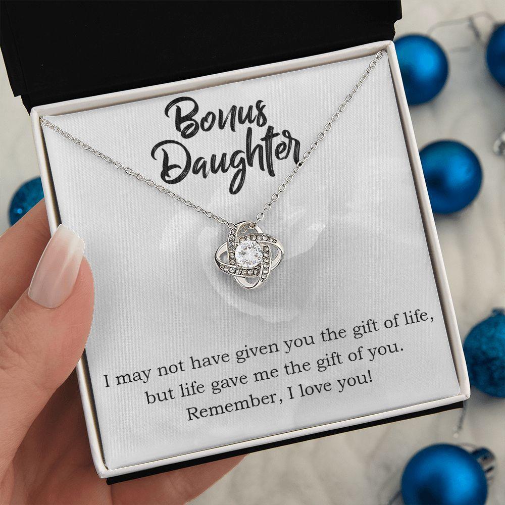 Gift for Bonus Daughter - Gift of Life - Love Knot Necklace Message Card Gift Box - Mallard Moon Gift Shop