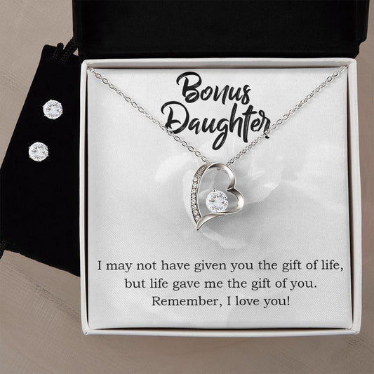 To My Bonus Daughter Gift Forever Love Heart Pendant Necklace and Earring Set - Mallard Moon Gift Shop