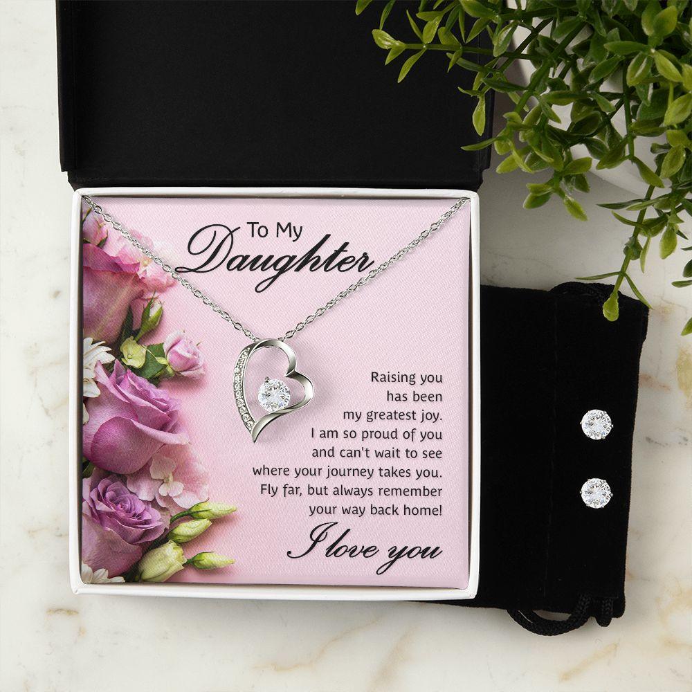 To My Daughter- Raising You My Greatest Joy Forever Love Heart Pendant Necklace and Earring Set - Mallard Moon Gift Shop