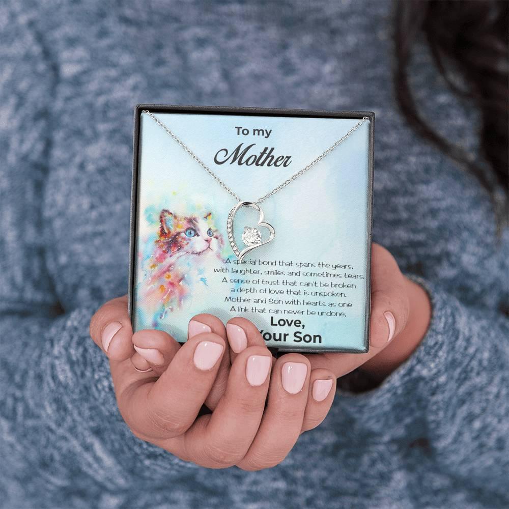 Gift for Mother From Son Forever Love Heart Pendant Necklace Cat Message Card - Mallard Moon Gift Shop