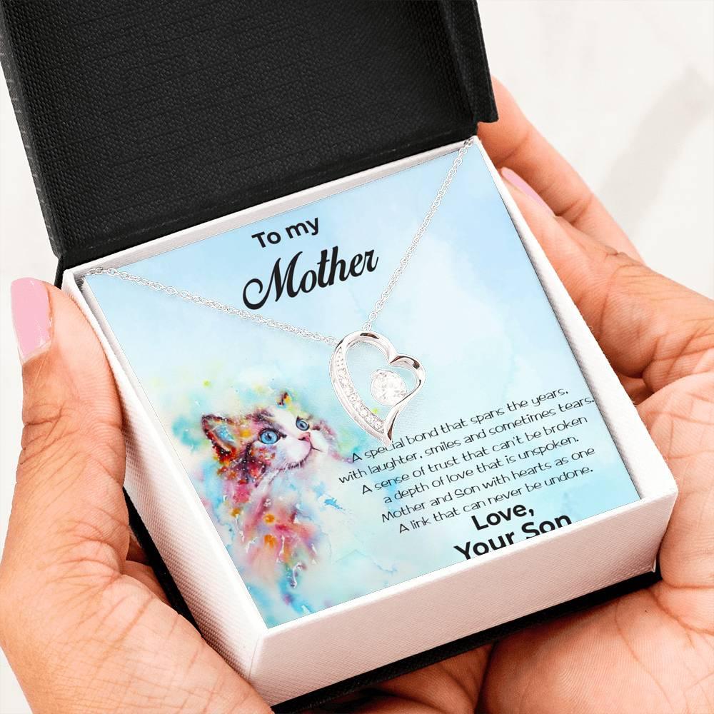 Gift for Mother From Son Forever Love Heart Pendant Necklace Cat Message Card - Mallard Moon Gift Shop