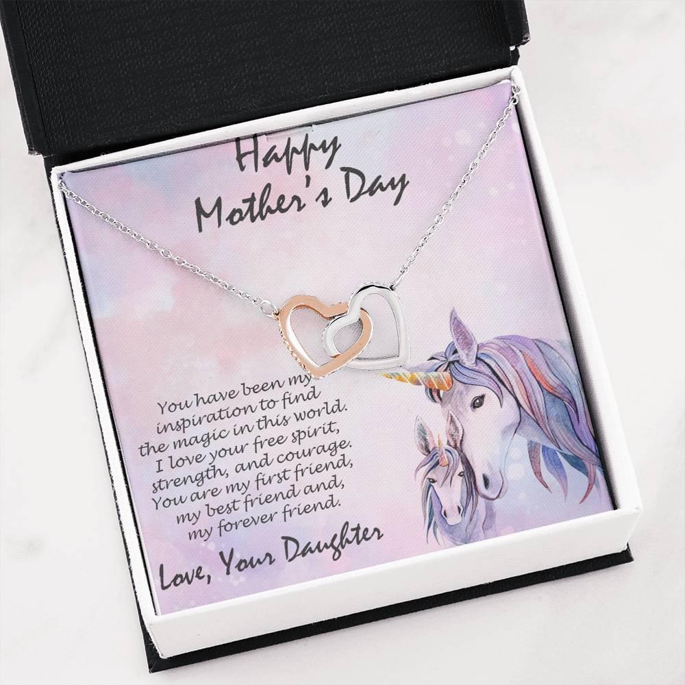 Mother's Day Gift from Daughter Gold and Silver Hearts Pendant Necklace on Unicorn Message Card - Mallard Moon Gift Shop