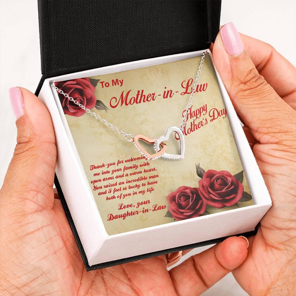 Mother's Day Gold and Silver Heart Necklace for Mother-in-Law from Daughter in Law with Message Card - Mallard Moon Gift Shop